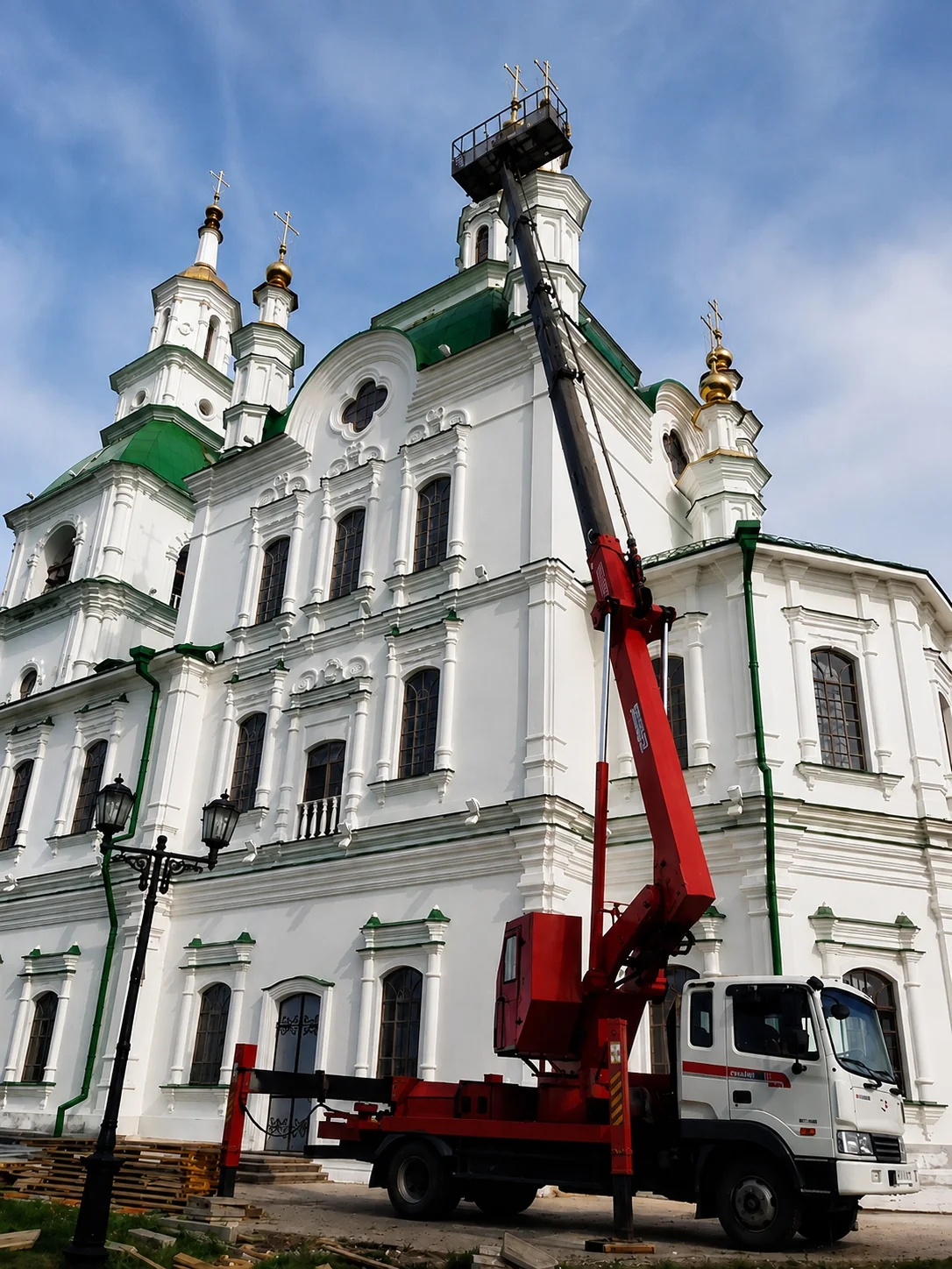 Автовышка 32 метра при высотных работах у здания храма